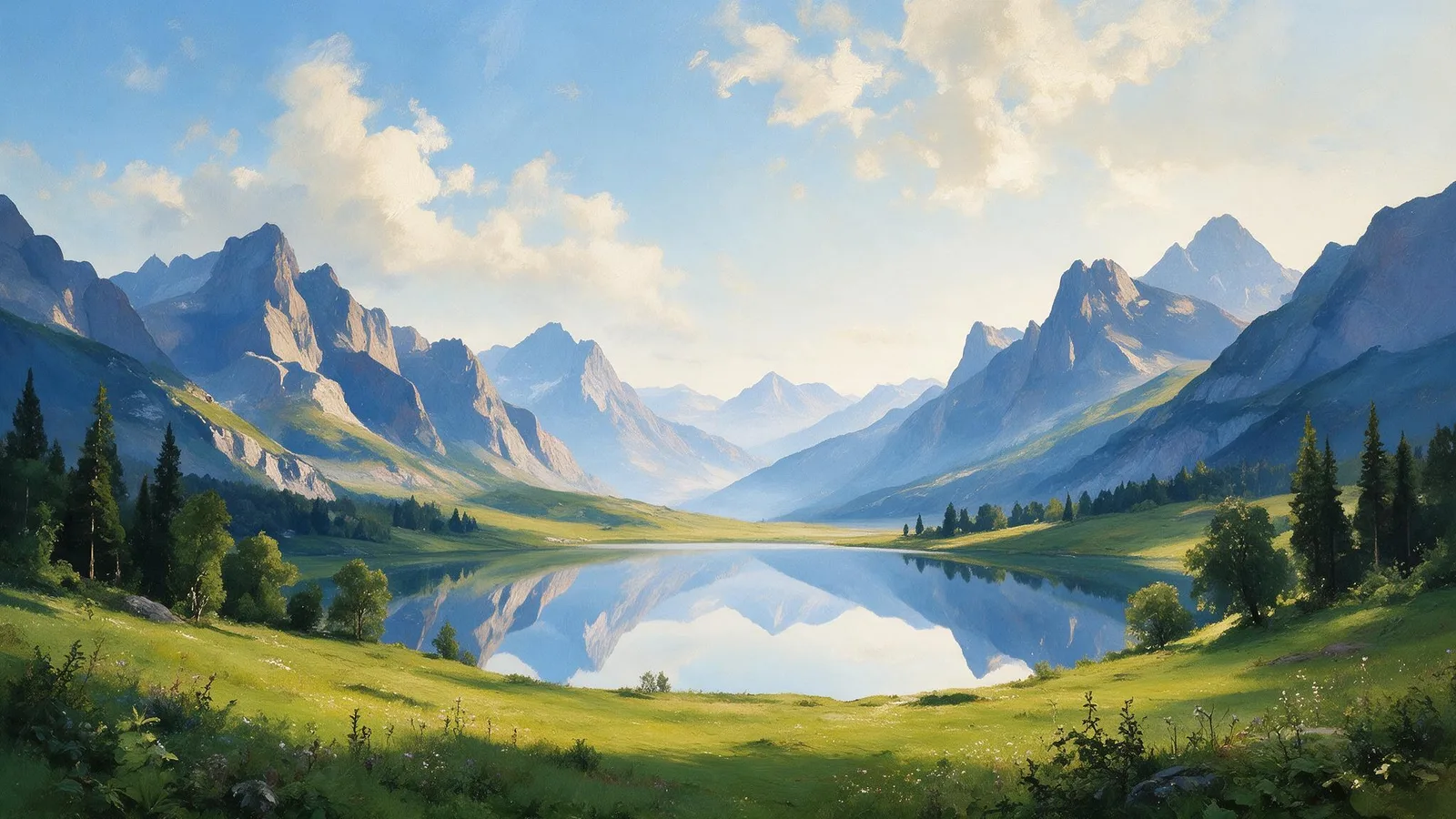 Oil painting of a still alpine lake at dawn mirroring the peaks so exactly that the mountains appear twice